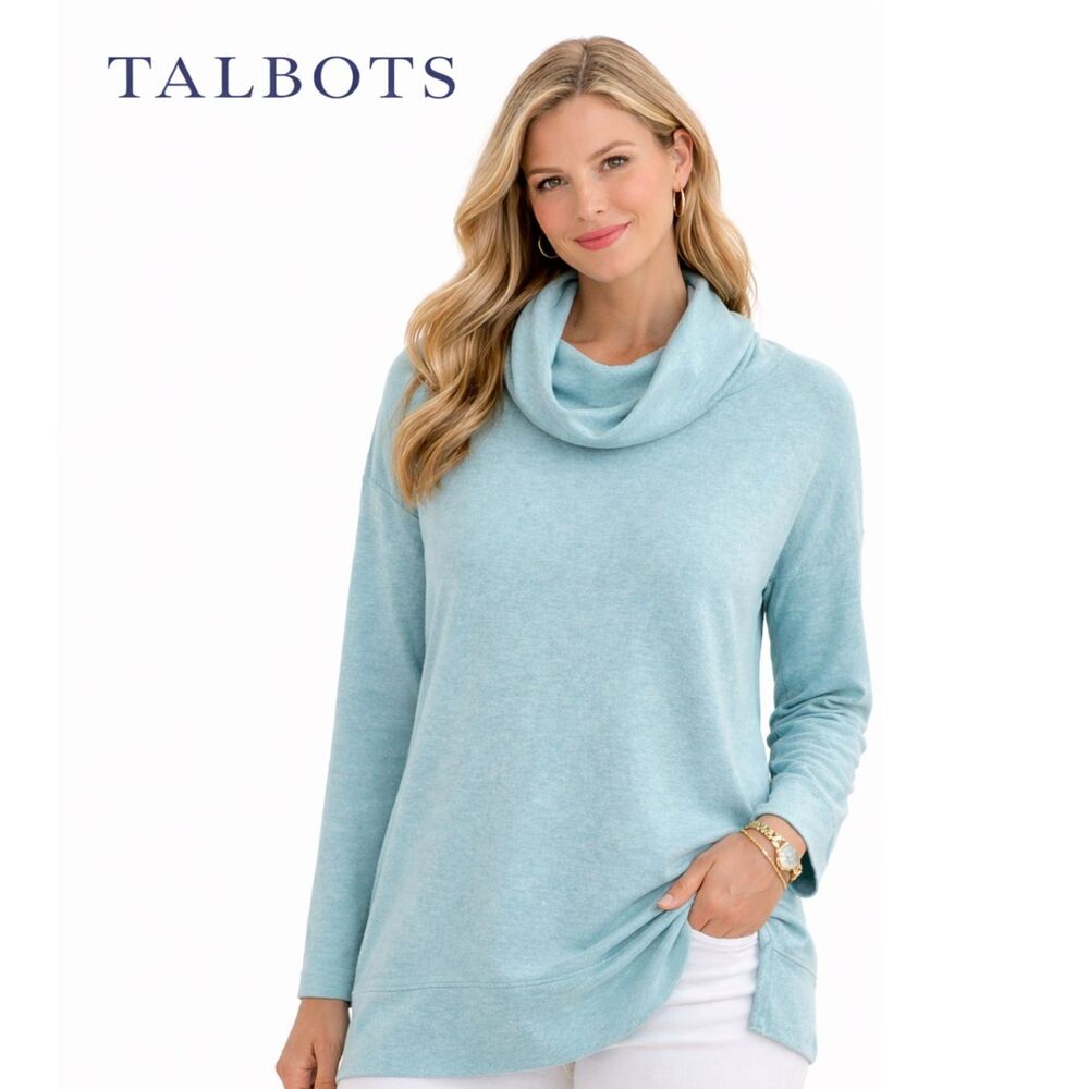Talbots Aqua Cowl Neck Sweater XL Soft‎ Knit Tunic Relaxed Cozy Pullover